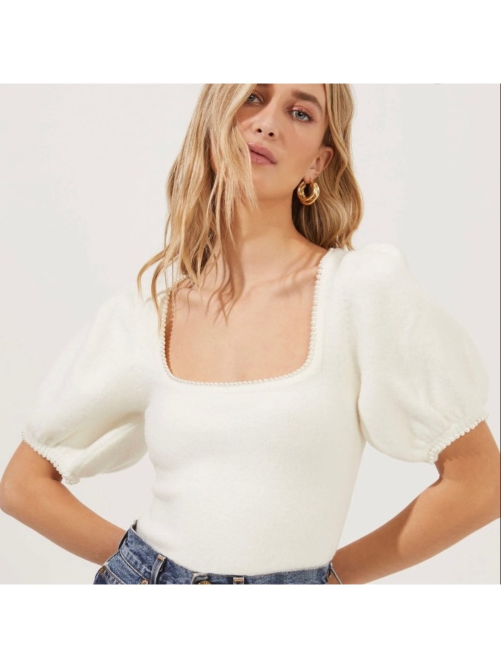 ASTR Sweet Life Faux Pearl Trim Square Neck Cream Sweater
